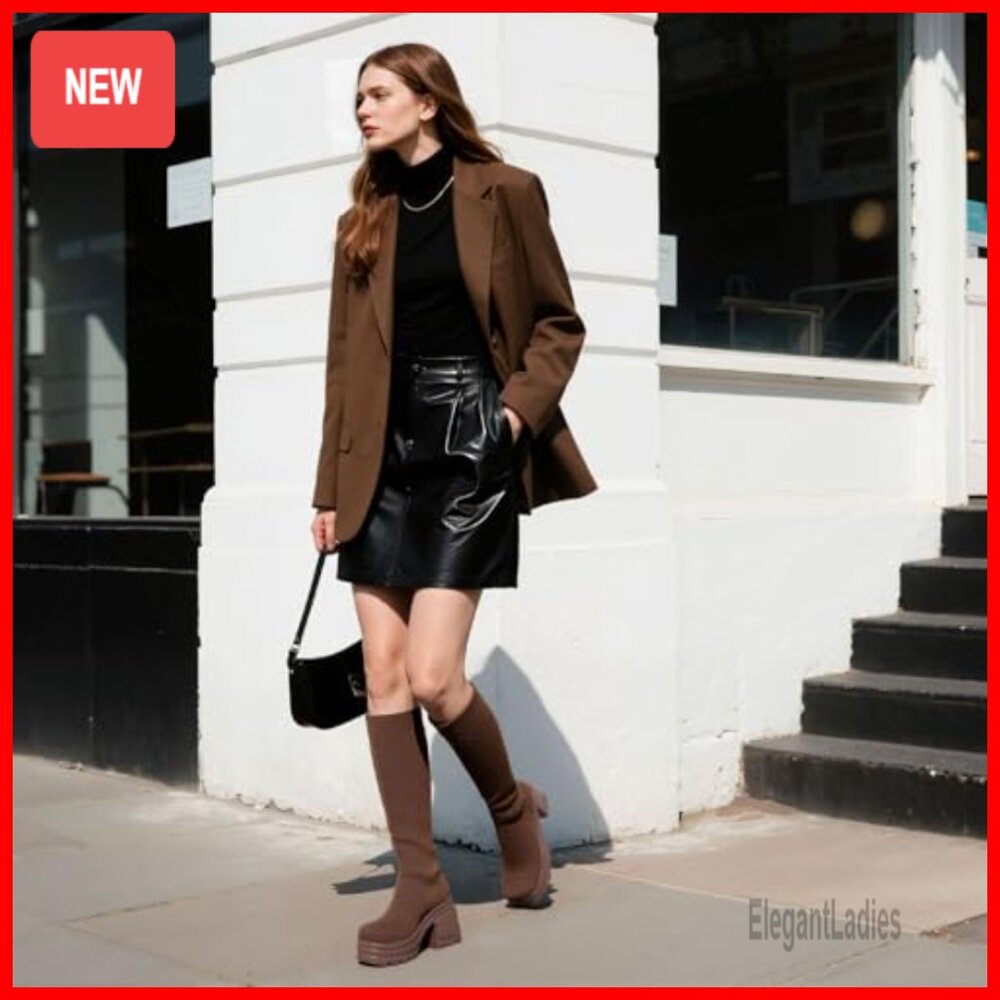 Knee High Boots Wide Calf Stretch Knit Platform Heel Square Toe Fall - Picture 2 of 7